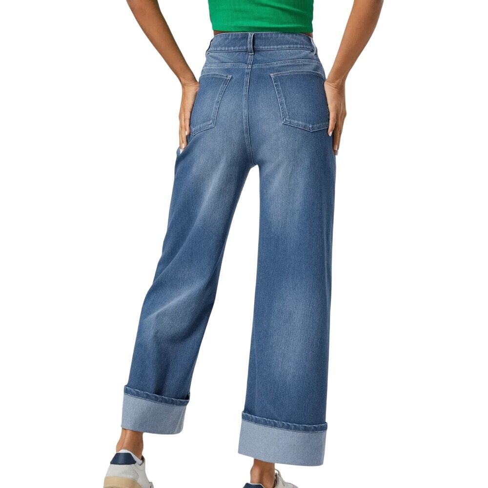 Halara NEW Flex High Waisted Rolled Hem Wide Leg Washed Casual Comfort Jeans - Picture 2 of 9